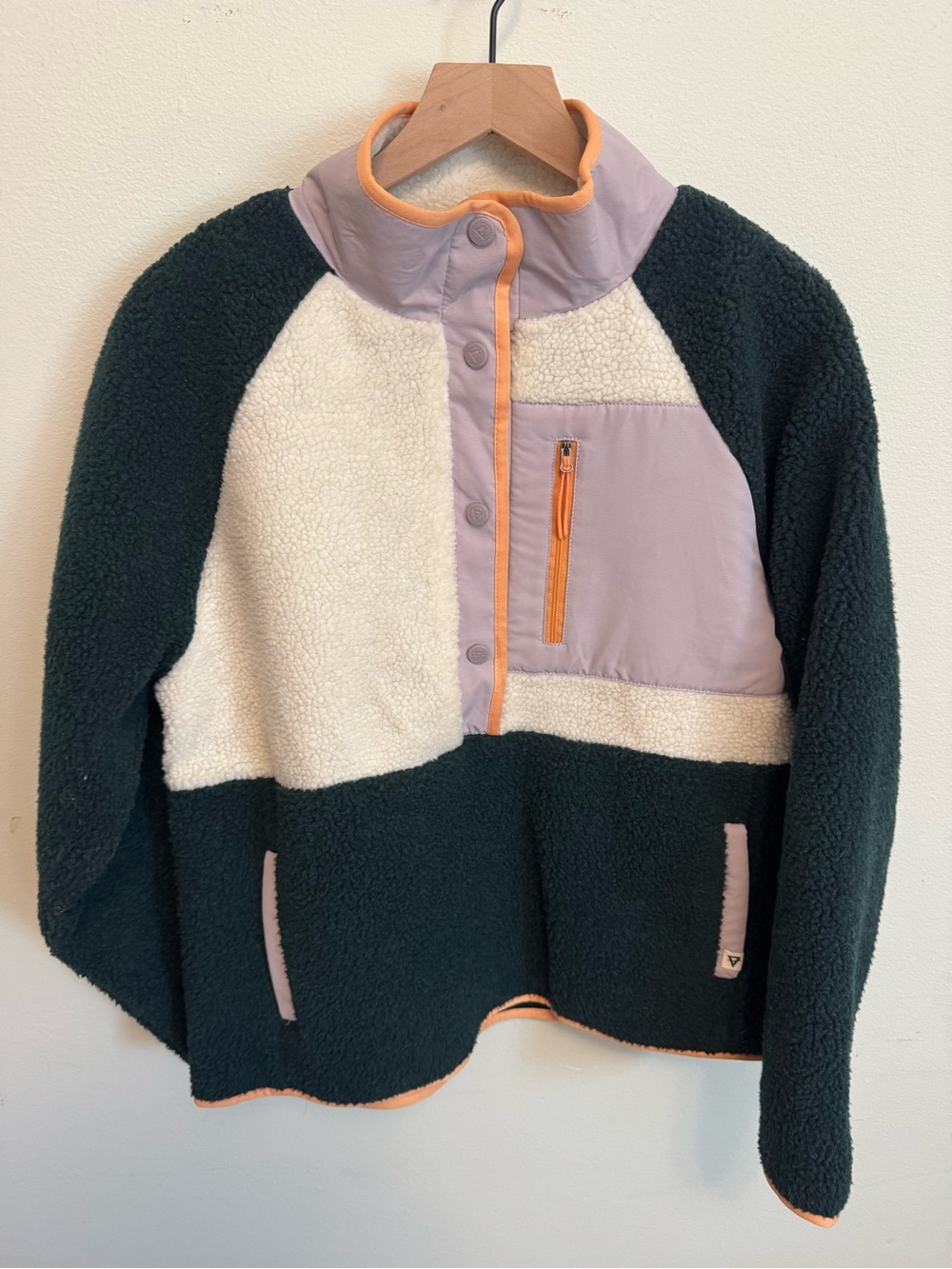 Colorblock Sherpa Pullover Hoodie in Dark Green, Cream & Lavender